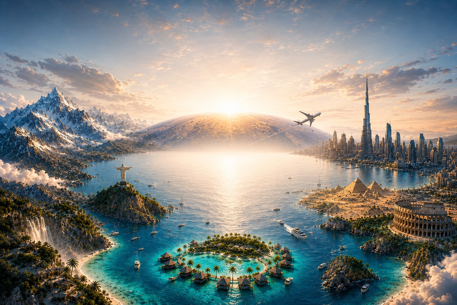 A dreamlike collage of world landmarks — mountains, tropical islands, pyramids and city skylines beneath a glowing globe