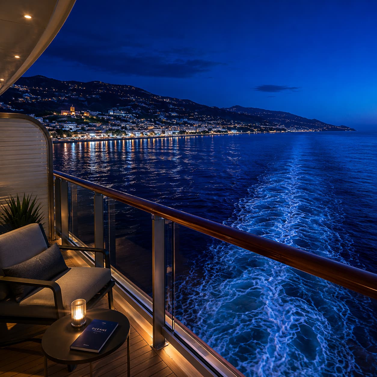 A Mediterranean coastline from a cabin balcony, at dusk