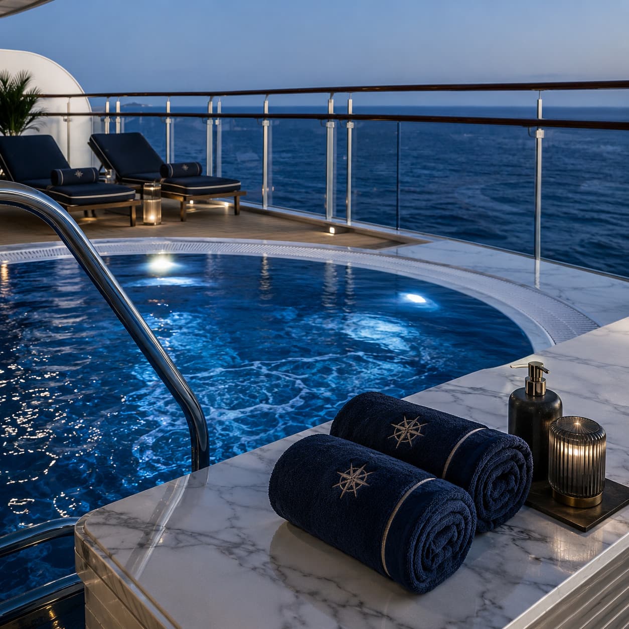 The pool deck at nightfall
