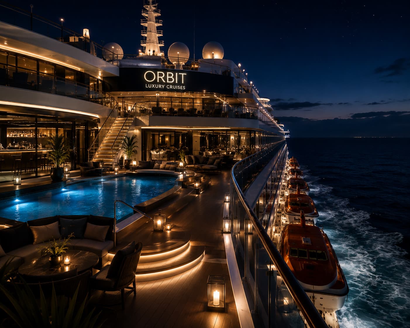 The deck of an Orbit Luxury Cruises ship, at night